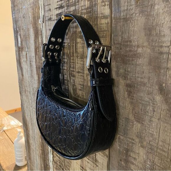 NEW By Far Soho Circular Mini Shoulder Bag Black crocodile purse silver Y2K $570 - Picture 12 of 14
